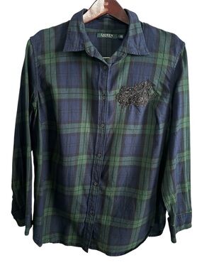Lauren Ralph Lauren Plaid Button Down Flannel Top Embellished Green Blue 1X